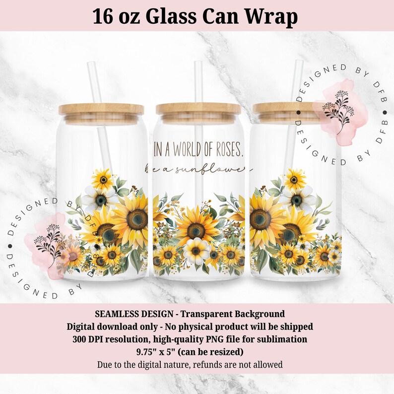 Sunflower Libbey Glass Wrap, Inspirational 16 Oz Glass Can Wrap PNG ...