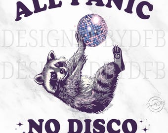 Szop PNG, All Panic No Disco ADHD T Shirt Design, Sarkastyczny mem Retro Disco Ball Trash Panda Animal Lover Sublimacja, Pobieranie cyfrowe