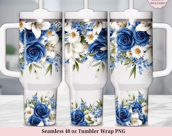 Floral 40oz Tumbler Wrap 40oz Tumbler Wrap PNG, Colorful Blue Flowers 40 oz Quencher Tumbler, Seamless Sublimation Design, Instant Download