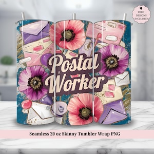 Emballage de gobelet de postier PNG - mignon postier rétro collage de timbres lettre 20 oz gobelet maigre sublimation Design - téléchargement numérique
