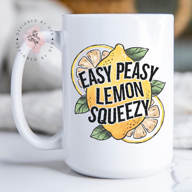 May include: White ceramic mug with a black and yellow lemon design. The text "Easy Peasy Lemon Squeezy" is printed on the mug.