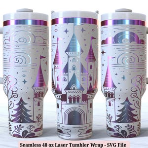 Château de conte de fées Laser Wrap SVG pour laser rotatif, château de princesse magique gravé 40 oz gobelet complet, téléchargement numérique sans couture