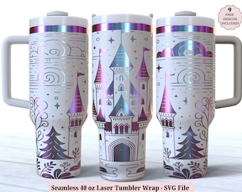 Castillo de cuento de hadas con envoltura láser SVG para láser rotatorio, vaso de 40 oz con envoltura completa grabada con castillo de princesa mágica, diseño sin costuras, descarga digital