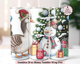 Julgås Tumbler Wrap PNG, söt semester sömlös 20oz smal sublimeringsdesign PNG, snögubbe julgran jul digital nedladdning