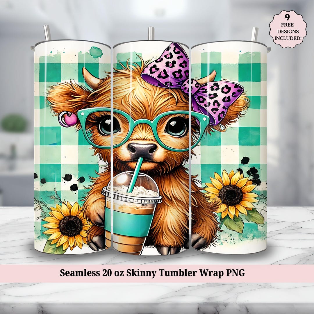 Highland Cow Tumbler Wrap PNG, Cute Baby Cow Iced Coffee 20oz Seamless ...