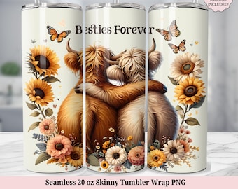 Bästa vänner för alltid Tumbler Wrap PNG, Highland Cow bästa vänner daglig bekräftelse citat 20 oz sömlös 20oz skinny sublimering, digital nedladdning