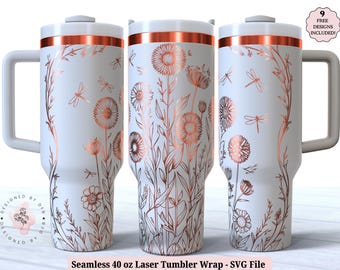Wildflowers Dragonfly Laser Wrap SVG for Laser Rotary, Floral Flowers Engraved Full Wrap for 40oz Tumbler, Seamless Design Digital Download