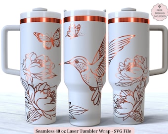 Kwiatowy koliber laserowy SVG do laserowego rotacyjnego, kwiaty motyla grawerowane pełne opakowanie 40 uncji, bezszwowy projekt do pobrania cyfrowego