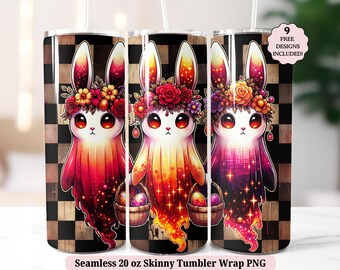 Spooky Easter Tumbler Wrap PNG, Adorable Cute Ghost Bunny Funny Rabbit Animal Seamless 20oz Skinny Sublimation Design, Digital Download