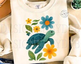 Sea Turtle PNG, Retro Floral Turtle Clipart, Cute Boho Ocean Animal Sublimation, Summer Beach Aesthetic Art, Instant Digital Download
