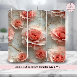 3D Pink Roses Floral Tumbler Wrap PNG, Seamless Flowers 20oz Skinny Tumbler Sublimation Design, Instant Digital Download PNG