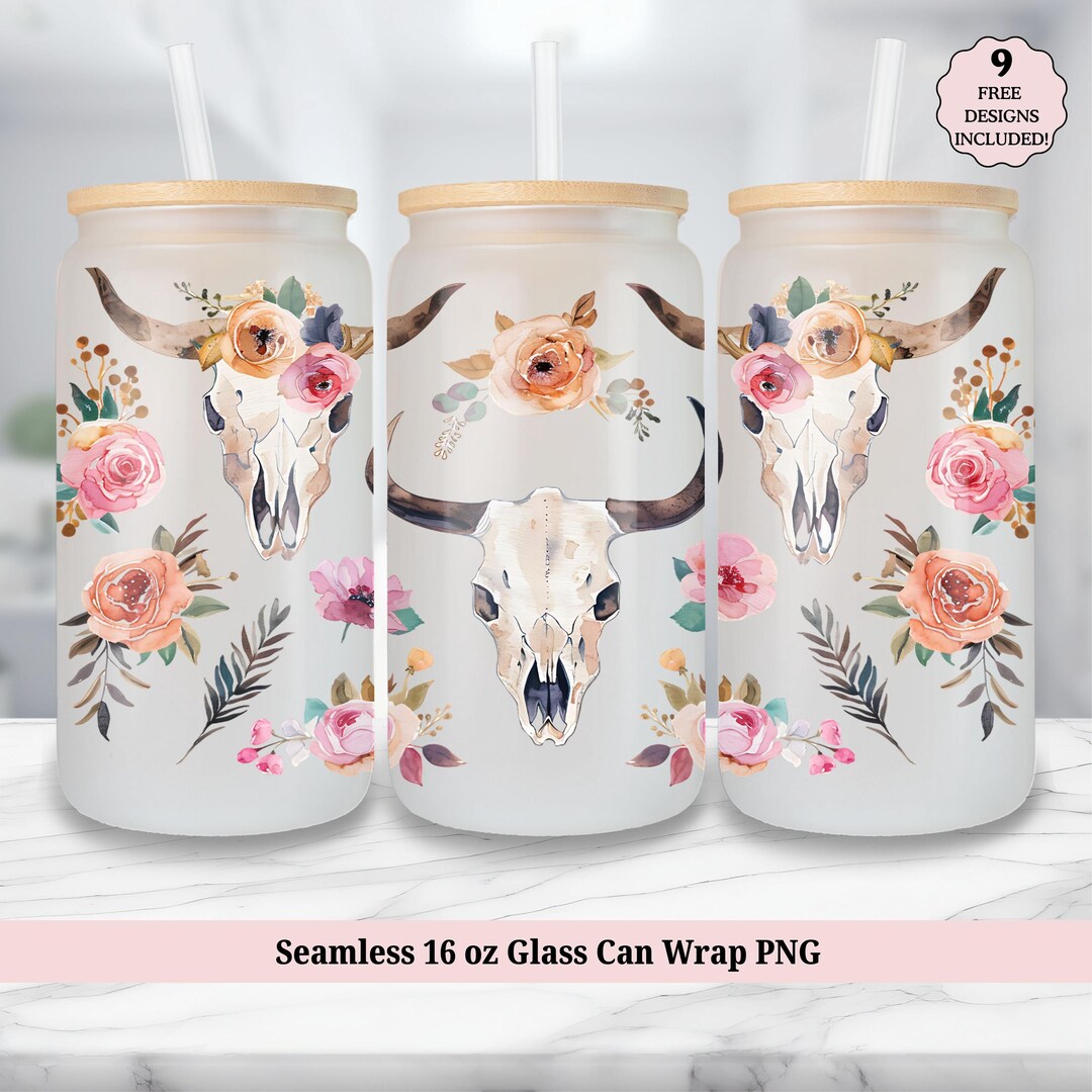 Western Glass Tumbler Wrap PNG, Floral Boho Cow Bull Skull County Girl ...