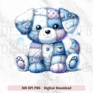 Op de afbeelding: Een aquarel illustratie van een patchwork puppy in tinten blauw, wit en lavendel. De puppy heeft grote, expressieve ogen en is versierd met knopen en bloemen. De afbeelding bevat de tekst "300 DPI PNG - Digital Download".