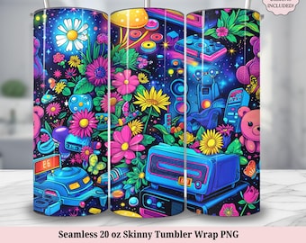 Retro Nostalgic 1980s 20 oz Skinny Tumbler Sublimation Design, Eighties 80s Baby Neon Colors 20oz Tumbler Wrap, PNG Instant DIGITAL ONLY
