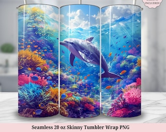 Delfin Tumbler Wrap PNG Plaża Morskie Zwierzę 20oz Skinny Tumbler Sublimacja Projekt 20 oz Bezszwowe Pobieranie Cyfrowe Wrap Ocean Theme
