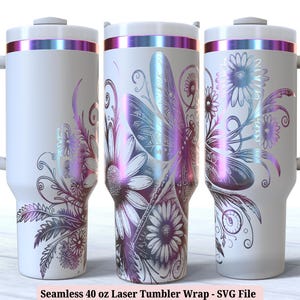 Floral Dragonfly Laser Wrap SVG for Laser Rotary, Sunflower Dragonflies Engraved Full Wrap 40oz Tumbler, Seamless Design Digital Download