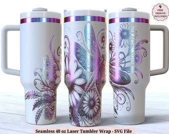 Floral Dragonfly Laser Wrap SVG for Laser Rotary, Sunflower Dragonflies Engraved Full Wrap 40oz Tumbler, Seamless Design Digital Download