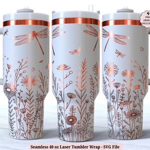 Wildflowers Laser Tumbler Wrap SVG for Laser Rotary, Dragonfly Floral Engraved Full Wrap for 40oz Cup, Seamless Design, Digital Download