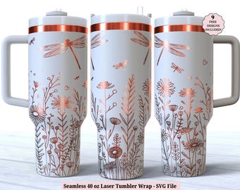 Wildflowers Laser Tumbler Wrap SVG for Laser Rotary, Dragonfly Floral Engraved Full Wrap for 40oz Cup, Seamless Design, Digital Download