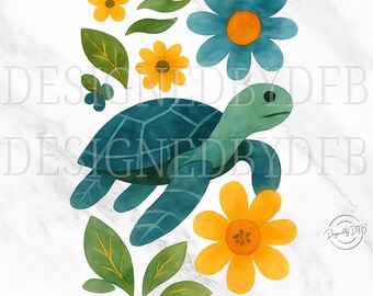 Sea Turtle PNG, Retro Floral Turtle Clipart, Cute Boho Ocean Animal Sublimation, Summer Beach Aesthetic Art, Instant Digital Download
