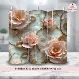 3D Pink Roses Floral Tumbler Wrap PNG, Seamless Flowers 20oz Skinny Tumbler Sublimation Design, Instant Digital Download PNG
