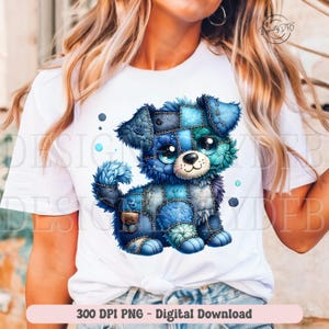May include: A white t-shirt featuring a digital illustration of a patchwork dog in shades of blue, teal, and purple. The dog has large, expressive eyes and a friendly smile. The text "300 DPI PNG - Digital Download" is at the bottom.