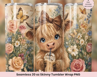 Kaffeälskare Highland Cow Tumbler Wrap PNG, söt trendig mocha blommig boho ko sömlös 20oz smal sublimeringsdesign, digital nedladdning