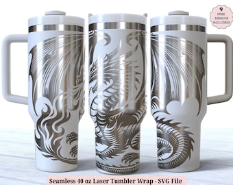 Dragon Laser Wrap SVG for Laser Rotary, Fantasy Dragon Flames Engraved Full Wrap for 40oz Tumbler, Seamless Design Digital Download