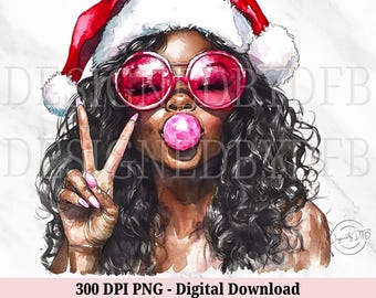 Op de afbeelding: Een digitale illustratie van een vrouw met donker krullend haar die een rode kerstmanmuts, een roze zonnebril draagt en een roze bel blaast. Ze geeft een vredesteken met haar rechterhand.
