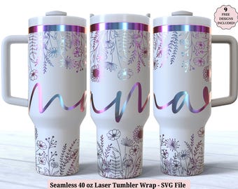 Floral Mama Tumbler Wrap SVG for Laser Rotary, Wildflowers Mother's Day Engraved Full Wrap 40oz Tumbler, Seamless Design Digital Download