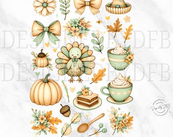 Coquette Bow Thanksgiving PNG, mysig höstsublimeringsdesign, trendig söt pumpa kalkon godismajs Clipart, digital nedladdning av högtidsmat