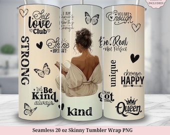 Love Yourself Black Woman Tumbler Wrap, Positive Affirmations Inspirational Seamless 20oz Skinny Sublimation Design PNG Digital Download
