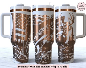 Fishing 40 oz Laser Tumbler Wrap SVG for Laser Rotary, Deer Hunting Season Engraved Full Wrap for 40oz Cup, Seamless Design Digital Download