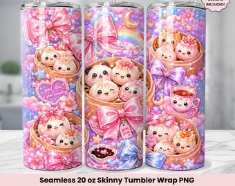 Coquette Dumpling Bow Tumbler Wrap Png, Kawaii 20oz Small Seamless Tumbler Wrap, Söt Dumpling Cup Design, Söt Mat PNG, Digital Nedladdning