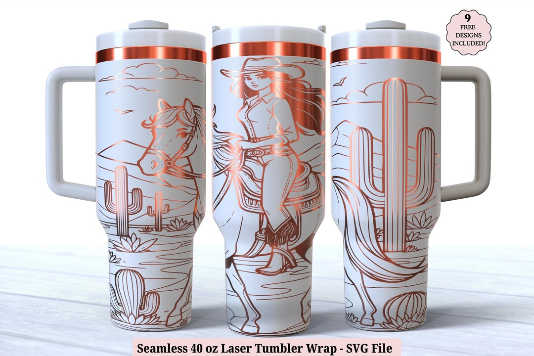 Western Cowgirl Laser Tumbler Wrap SVG for Laser Rotary, Desert Horse ...