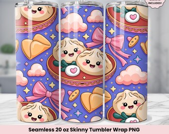 Coquette Dumpling Bow Tumbler Wrap Png, Kawaii 20oz Small Seamless Tumbler Wrap, Söt Dumpling Cup Design, Söt Mat PNG, Digital Nedladdning