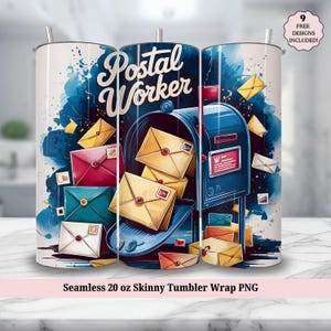 Emballage de gobelet de postier PNG - mignon postier rétro collage de timbres lettre 20 oz gobelet maigre sublimation Design - téléchargement numérique
