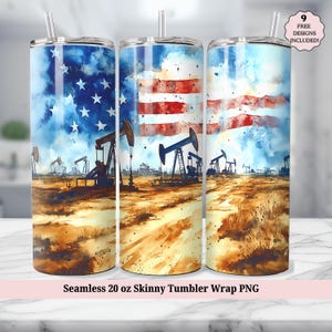 Oil Field Tumbler 20 Oz Tumbler Wrap, Oil Rig Worker, Oilfield Pump Jack, American Flag Seamless Sublimation Design PNG, Digital Download