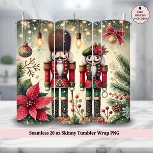 May include: A seamless 20 ounce skinny tumbler wrap design featuring a pair of nutcracker figurines standing in front of a wintery scene with poinsettia flowers, pine branches, and twinkling lights. The design is perfect for a Christmas-themed tumbler.