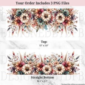 May include: Floral design with a mix of daisies and other flowers in shades of cream, peach, teal, and purple. The top design is 13" x 5.8", and the straight bottom design is 10.5" x 3.7". The text reads "Your Order Includes 3 PNG Files".