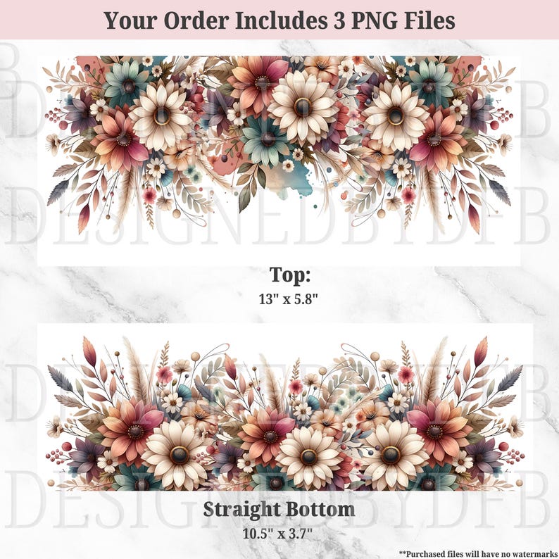 May include: Floral design with a mix of daisies and other flowers in shades of cream, peach, teal, and purple. The top design is 13" x 5.8", and the straight bottom design is 10.5" x 3.7". The text reads "Your Order Includes 3 PNG Files".