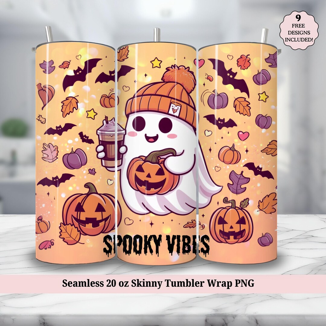 Retro Halloween Tumbler Wrap PNG, Cute Ghost Pumpkin Spooky Vibes PNG ...