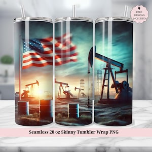 Oil Field Tumbler 20 Oz Tumbler Wrap, Oil Rig Worker, Oilfield Pump Jack, American Flag Seamless Sublimation Design PNG, Digital Download