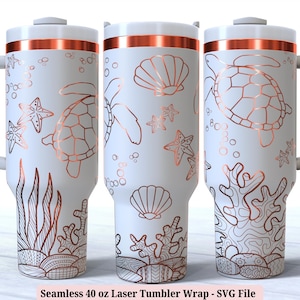 May include: White 40 ounce tumbler with a copper colored rim and a design of sea turtles, seashells, and starfish. The design is in a copper color.  Seamless 40 oz Laser Tumbler Wrap - SVG File