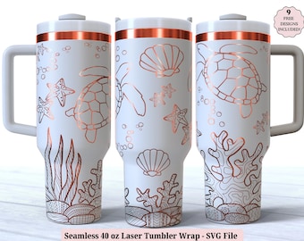 Havssköldpadda Laser Tumbler Wrap SVG för laserrotation, tropisk strand Baby graverad hel wrap 40oz tumbler, sömlös design digital nedladdning