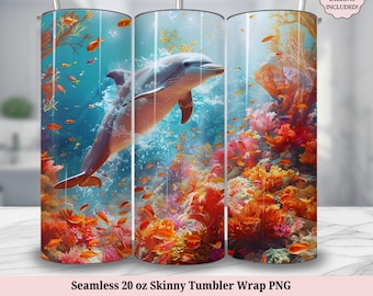 Delfin Tumbler Wrap PNG Plaża Morskie Zwierzę 20oz Skinny Tumbler Sublimacja Projekt 20 oz Bezszwowe Pobieranie Cyfrowe Wrap Ocean Theme