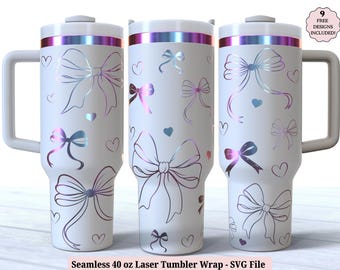 Coquette Bows Laser Tumbler Wrap SVG for Laser Rotary, Pretty Bow Girly Cute Hearts Seamless Engraved Full Wrap, 40oz Cup, Digital Download