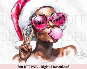 Op de afbeelding: Een digitale illustratie van een vrouw die een roze kerstmanmuts, een roze zonnebril draagt en een roze bel blaast. Ze geeft het vredesteken met haar rechterhand.