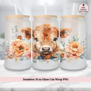 Highland Cow 16oz Wrap PNG, Summer Flowers Frosted Glass Can Wrap Sublimation Design, Watercolor Floral Libbey Cup PNG, Cute Animal PNG