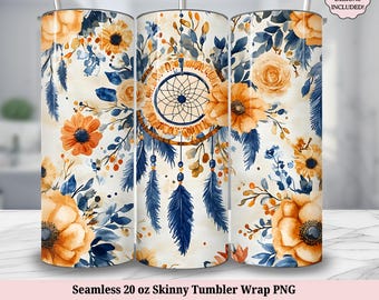 Floral Dreamcatcher Tumbler Wrap PNG Template, Vintage Retro Boho Flowers Feathers Design 20oz Skinny Sublimation, Digital Download